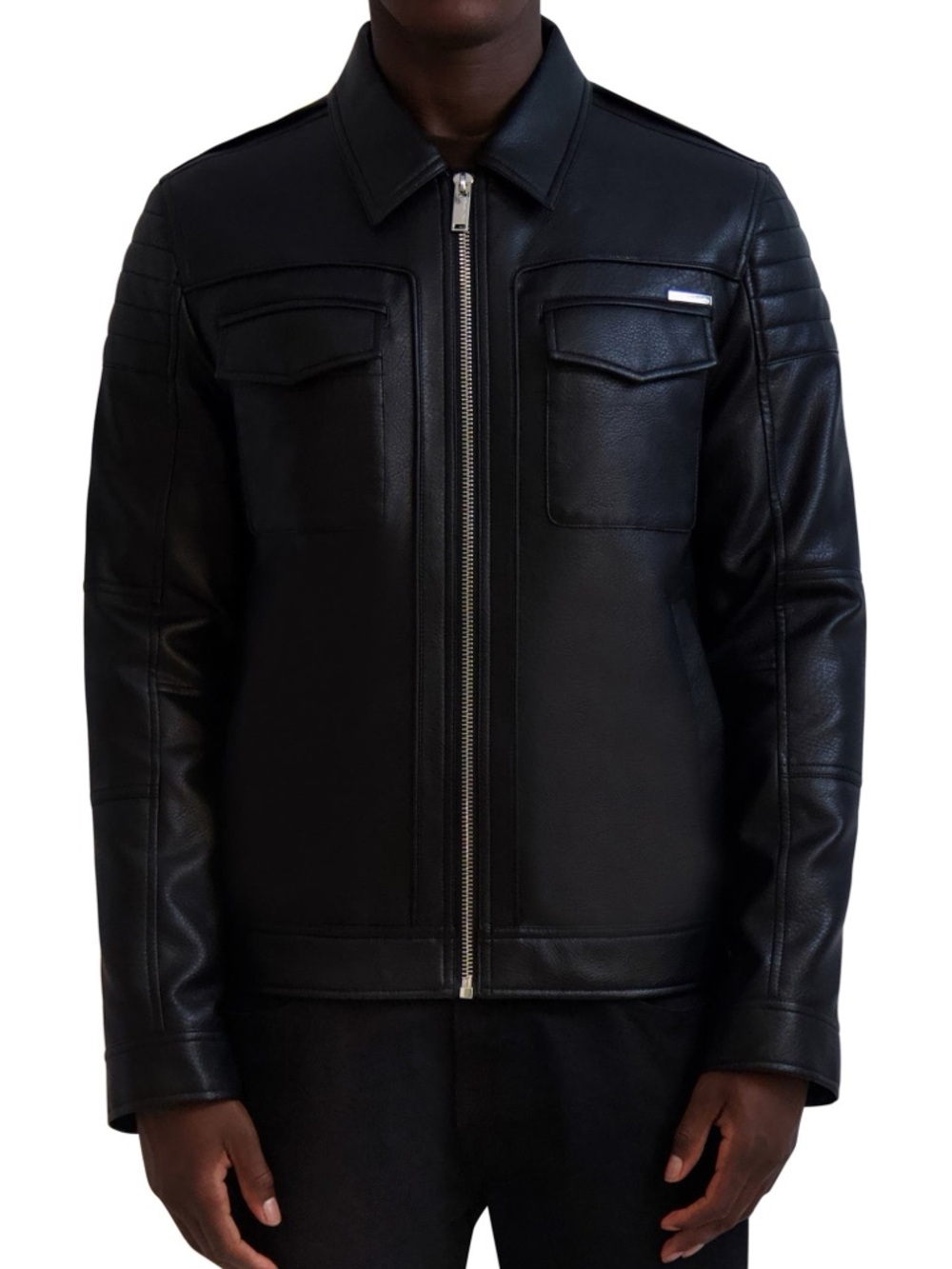 Karl Lagerfeld Black Faux Leather Bomber Jacket with Zip Front